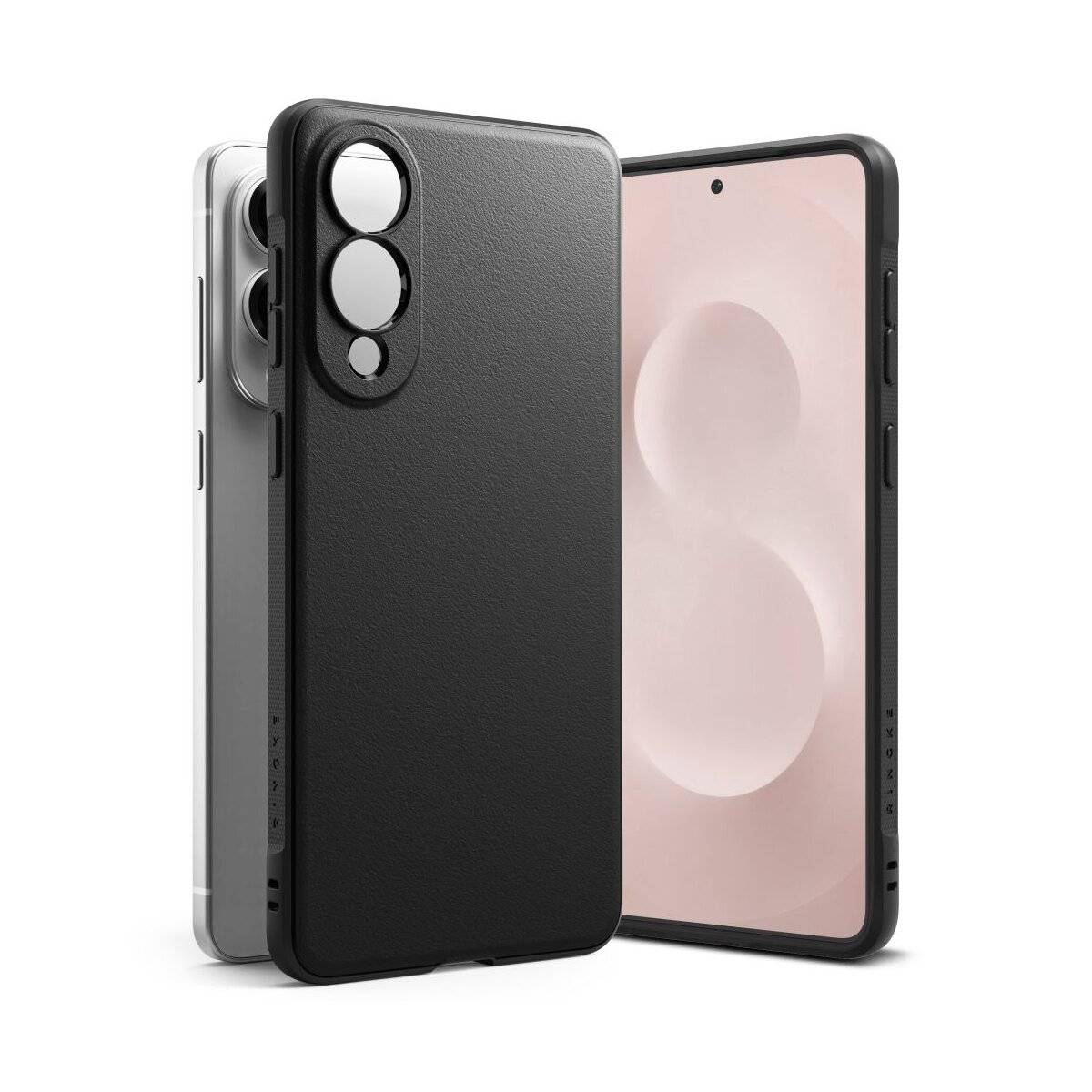 Ein Smartphone mit einer schlanken, strukturierten schwarzen Hülle und einer Dual-Lens-Kamera wird neben dem Telefon angezeigt, das einen leeren Bildschirm zeigt.