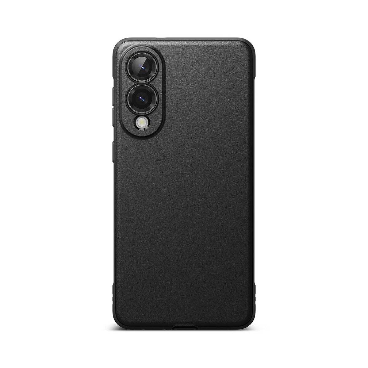 Schwarze Smartphone-Hülle mit zwei hinteren Kameraaussparungen und einer eleganten, strukturierten Oberfläche, von hinten betrachtet.