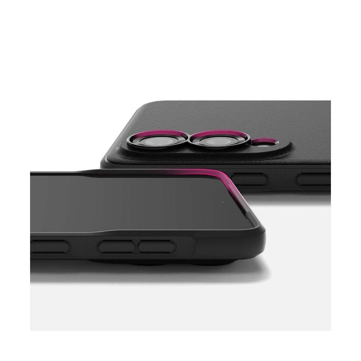 Eine Nahaufnahme von zwei Smartphones in schwarzen Schutzhüllen mit Dual-Rückkameras. Das Bild hebt das Kameradesign und die Textur der Hülle hervor.