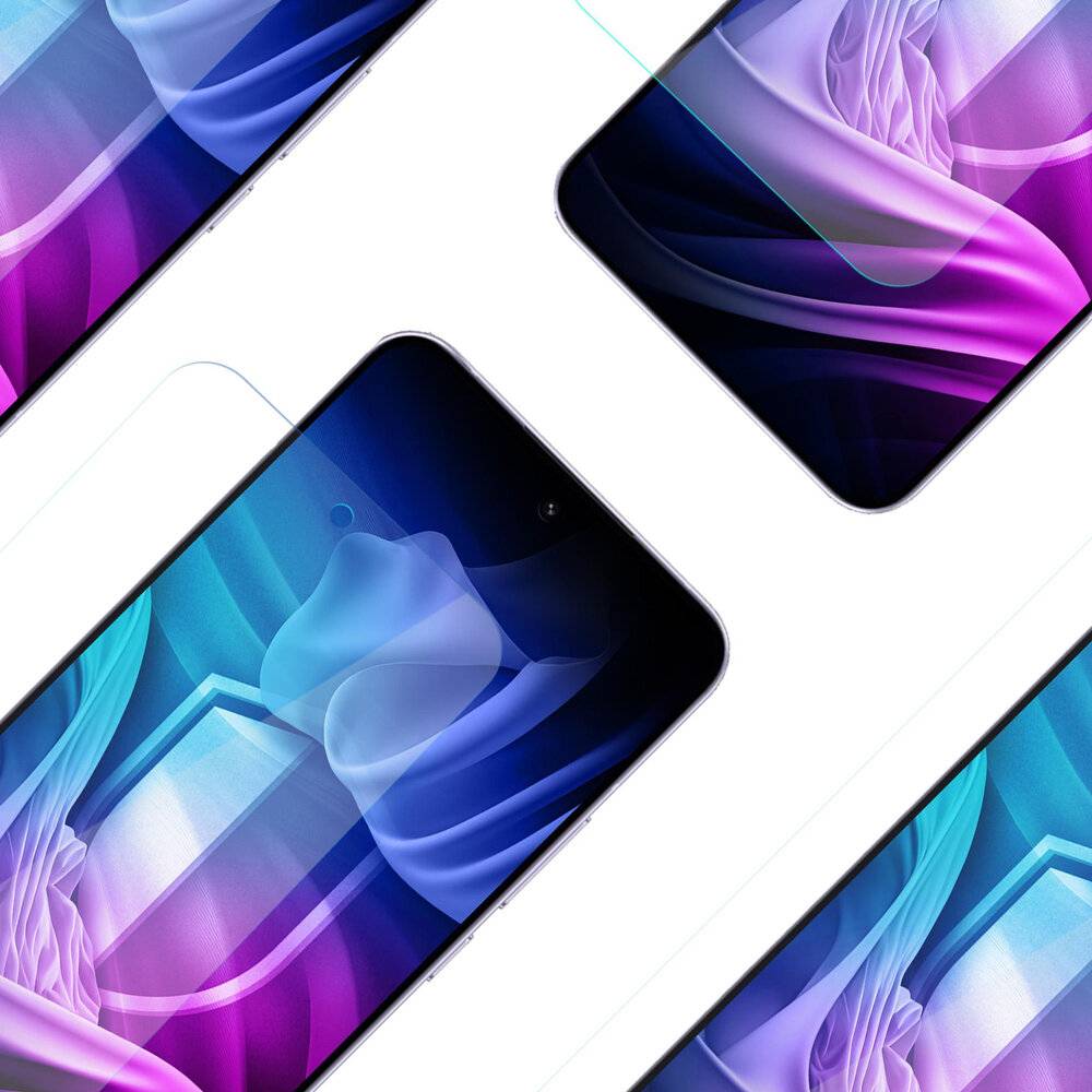 Smartphones in diagonalen Linien angeordnet mit abstrakten, farbenfrohen Bildschirmen in Tönen von Lila, Rosa und Blau.