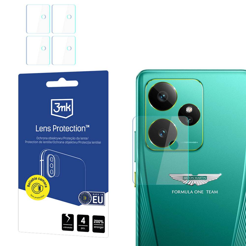 Türkisfarbenes Smartphone mit Schutzhülle für dreifaches Kameraobjektiv daneben, bestehend aus Installationsanleitung und Schutzlinsenbildern.