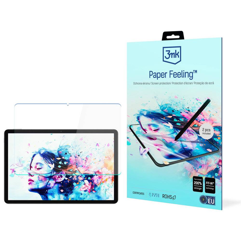 Displayschutzfolie für Tablets mit einem künstlerischen Bild eines Frauengesichts auf einem Tablet und dem Text „Paper Feeling