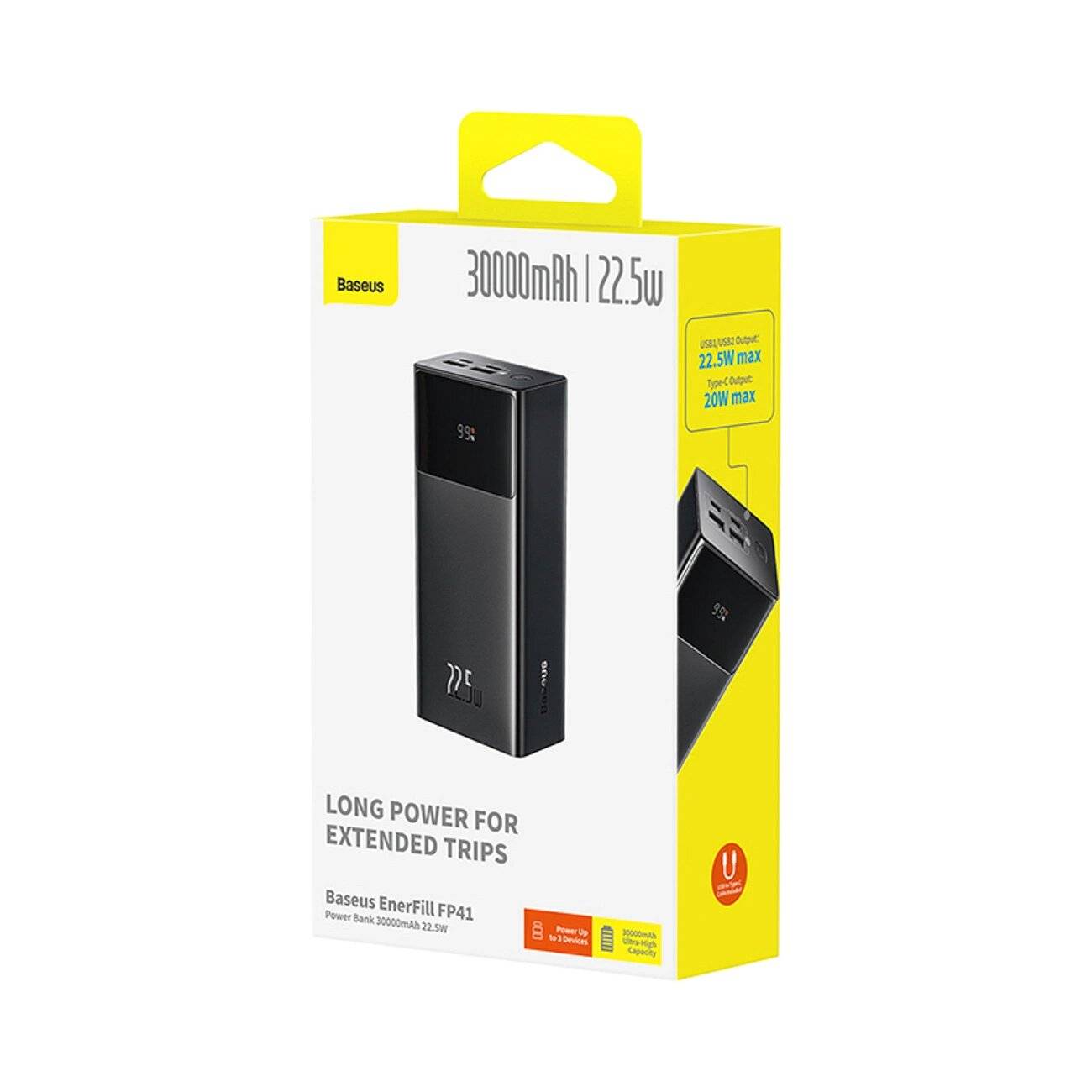 Baseus EnerFill FP41 30000mAh 22,5W Powerbank Simple USB-A - USB-C 3A 30cm Kabel Schwarz