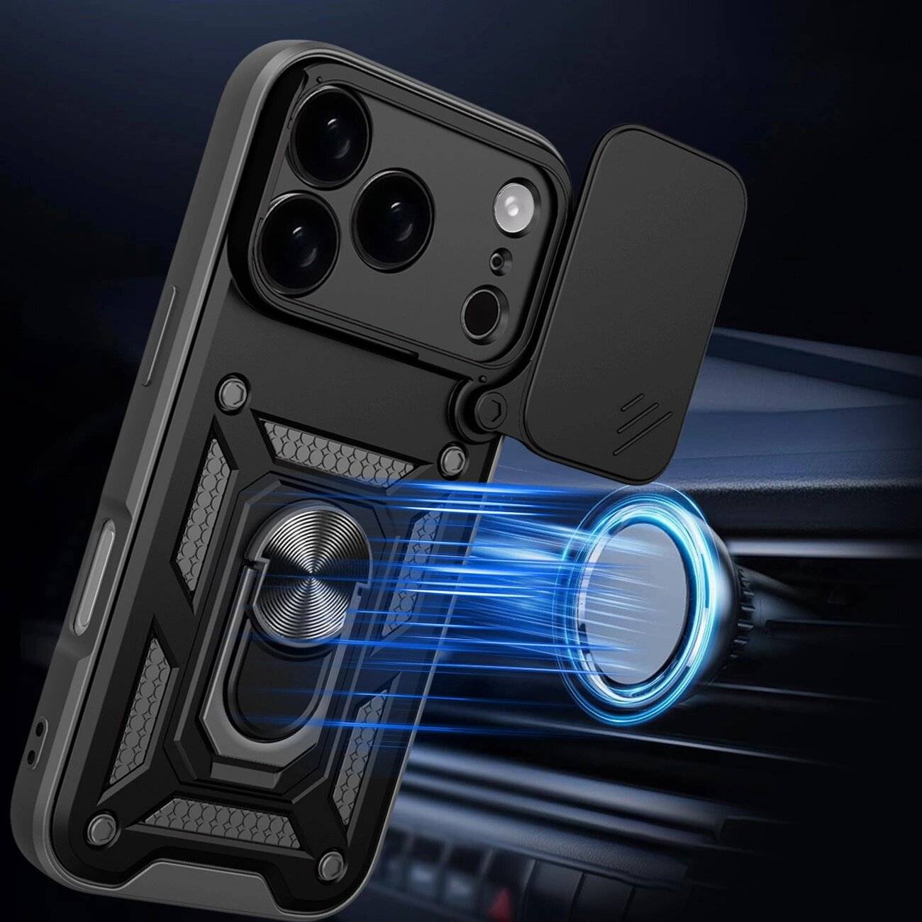 Hybrid Armor Camshield iPhone 17 Pro Hülle Ständer Kameraabdeckung - Schwarz