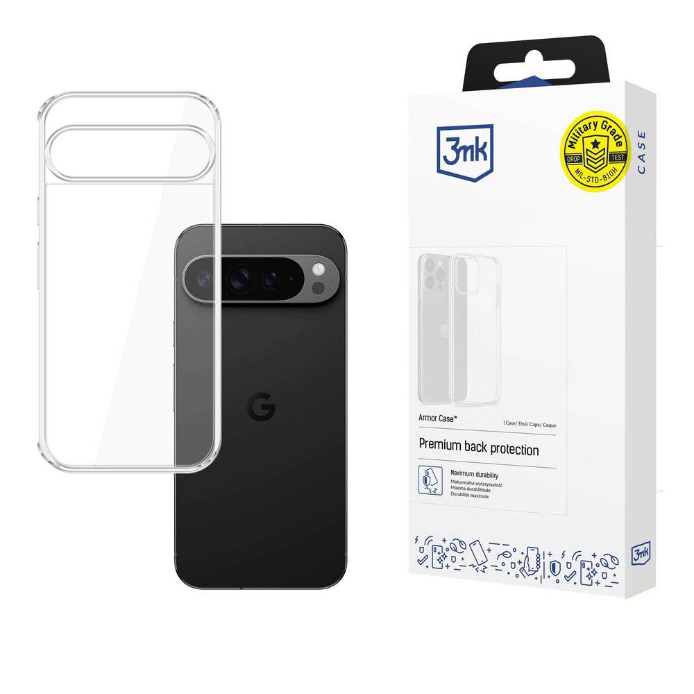 Durchsichtige Schutzhandyhülle neben einem schwarzen Smartphone mit Verpackung, auf der „Armor Case