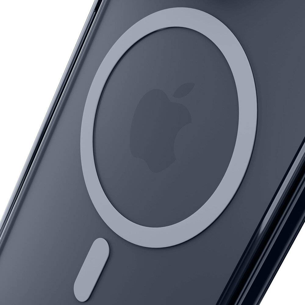 Nahaufnahme der Rückseite eines Smartphones mit MagSafe-Ring und Apple-Logo, die das elegante Design und die Magnetbefestigungsfunktion hervorhebt.