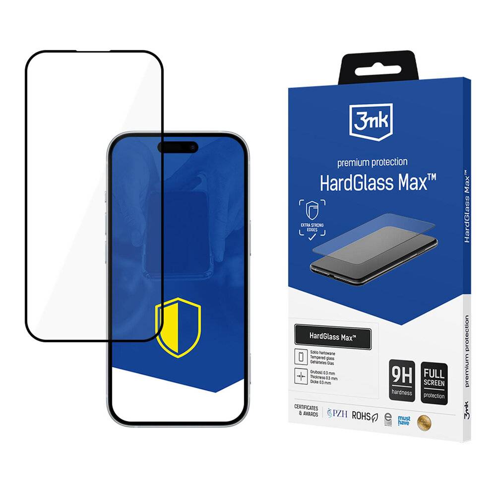 Ein Smartphone mit einem Schildsymbol auf dem Bildschirm und der Verpackung des 