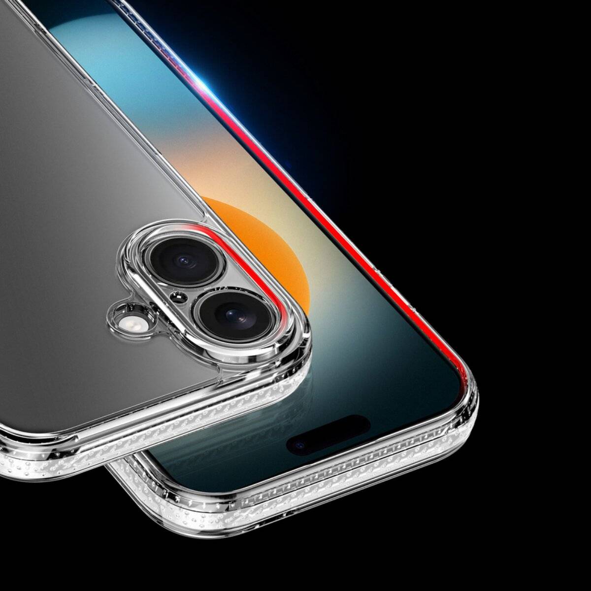 Glänzendes Smartphone mit Dualkameras, reflektierendem Glasrücken und leuchtender Kante auf schwarzem Hintergrund.
