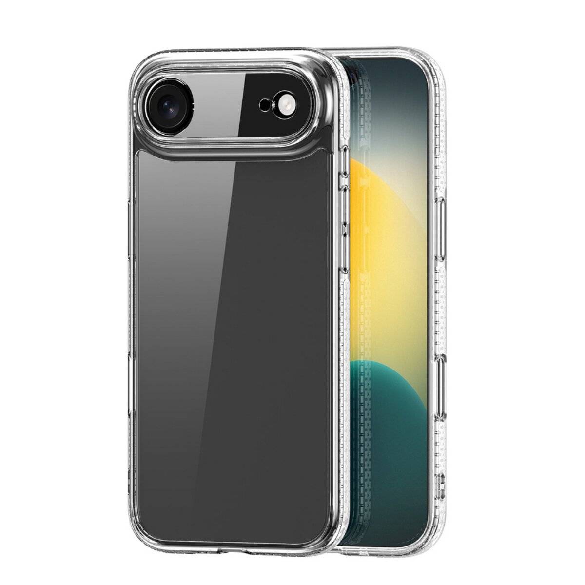 Durchsichtige Handyhülle über einem grünen Telefon, wobei der Kamerabereich mit drei Linsen hervorgehoben wird. Schwebende Wassertropfen im Hintergrund.