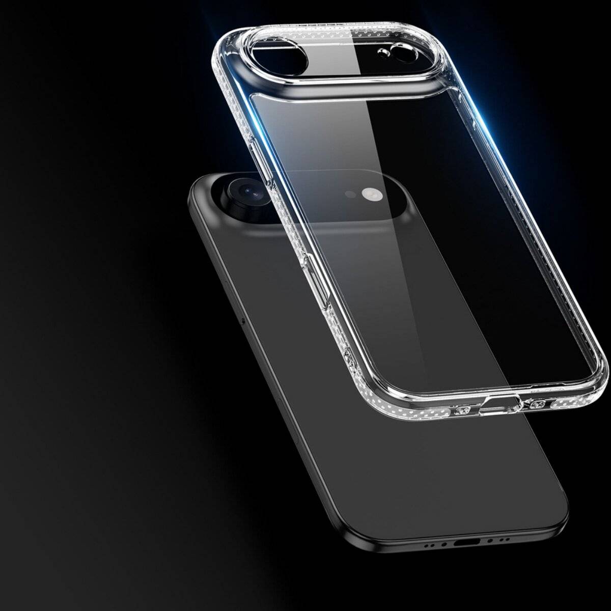 Ein durchsichtiges Smartphone-Case wird neben einem schwarzen Smartphone angezeigt und hebt das transparente Material und das hintere Design des Telefons hervor.
