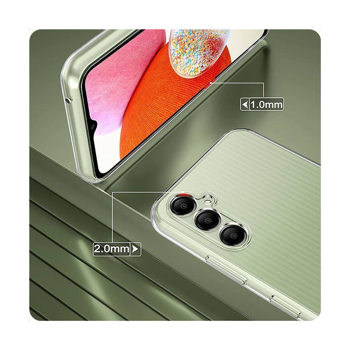 Nahaufnahme einer transparenten Handyhülle auf einem grünen Smartphone, die Schutzdetails hervorhebt: „1,0 mm