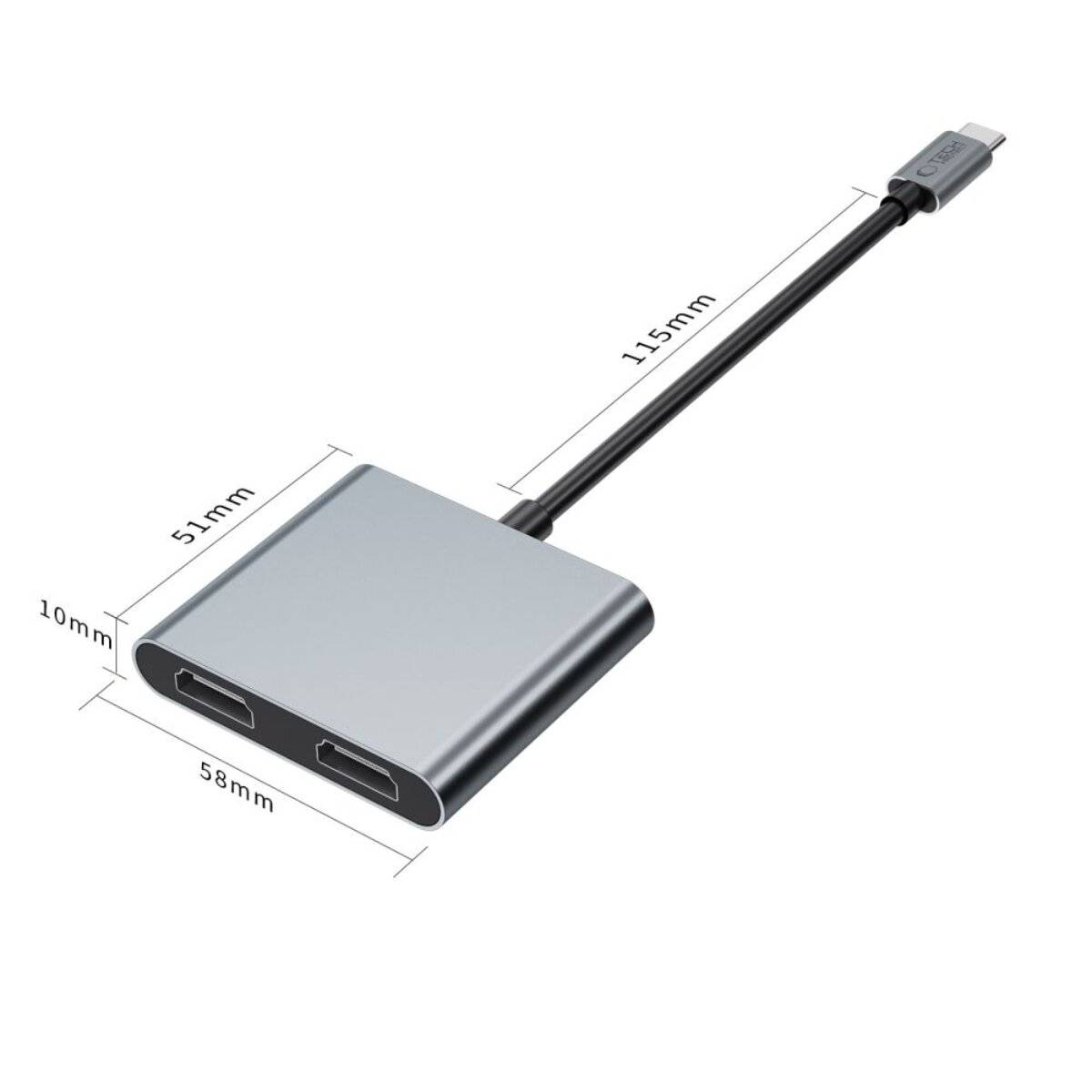 USB-C auf Dual-HDMI-Adapter mit Kabel; Abmessungen: 115 mm Länge, 58 mm Breite, 51 mm Tiefe, 10 mm Höhe.
