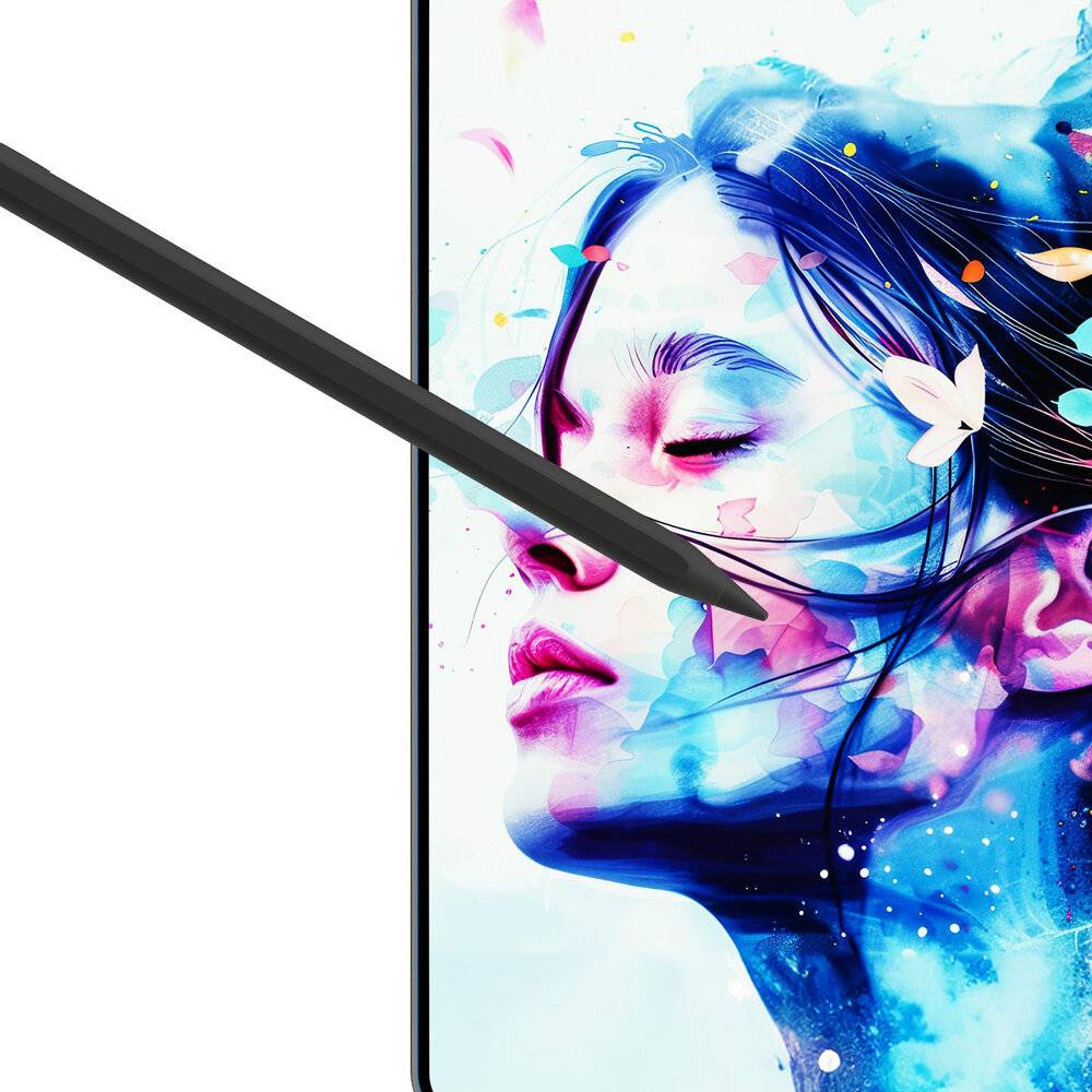 Ein digitales Grafiktablett mit einem Stift, der ein lebendiges, abstraktes Porträt einer Frau mit bunten Spritzern und Blumenelementen zeichnet.