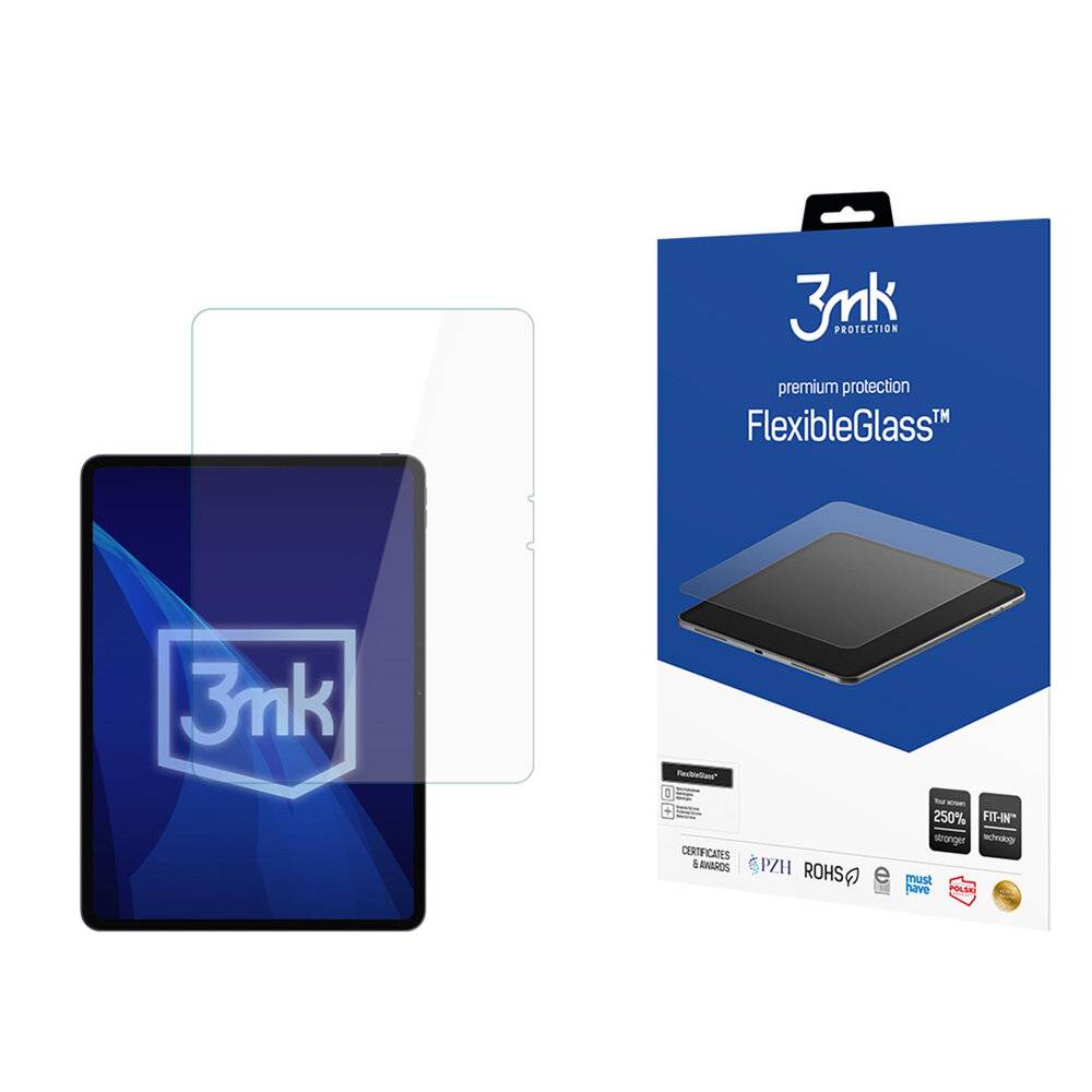 Ein Tablet-Bildschirm mit einer klaren Schutzfolie auf dem Display. Daneben eine Verpackung mit der Bezeichnung „3mk FlexibleGlass™