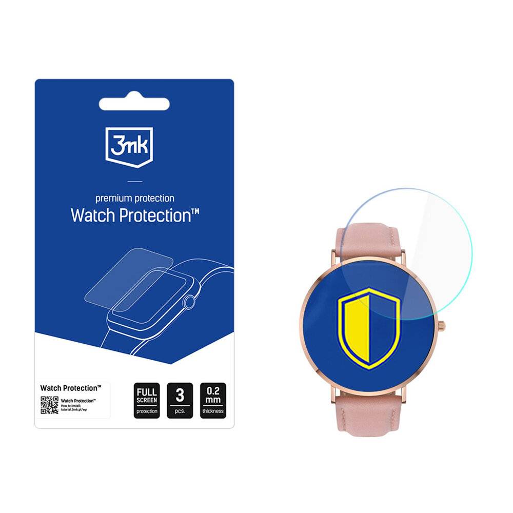 Schutzfolie-Verpackung für Uhren und eine Uhr, auf die eine Schutzfolie aufgebracht wird. Der Text auf der Verpackung lautet „3mk premium protection Watch Protection
