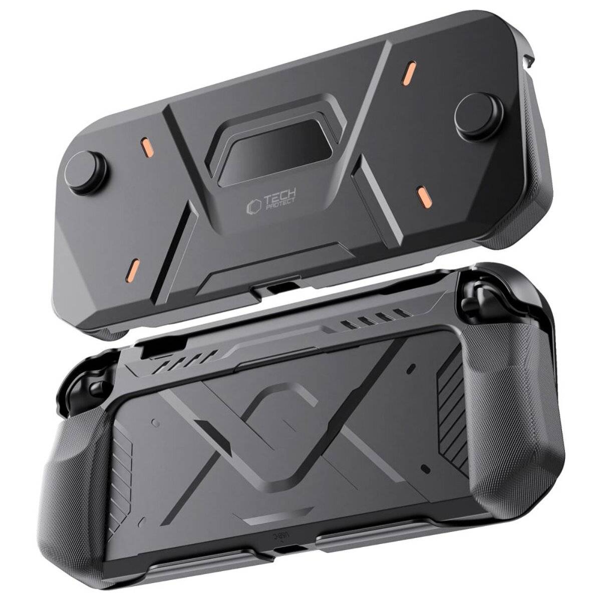 Ein elegantes schwarzes Gaming-Controller-Etui mit ergonomischen Griffen, Tastenumrissen und einem 