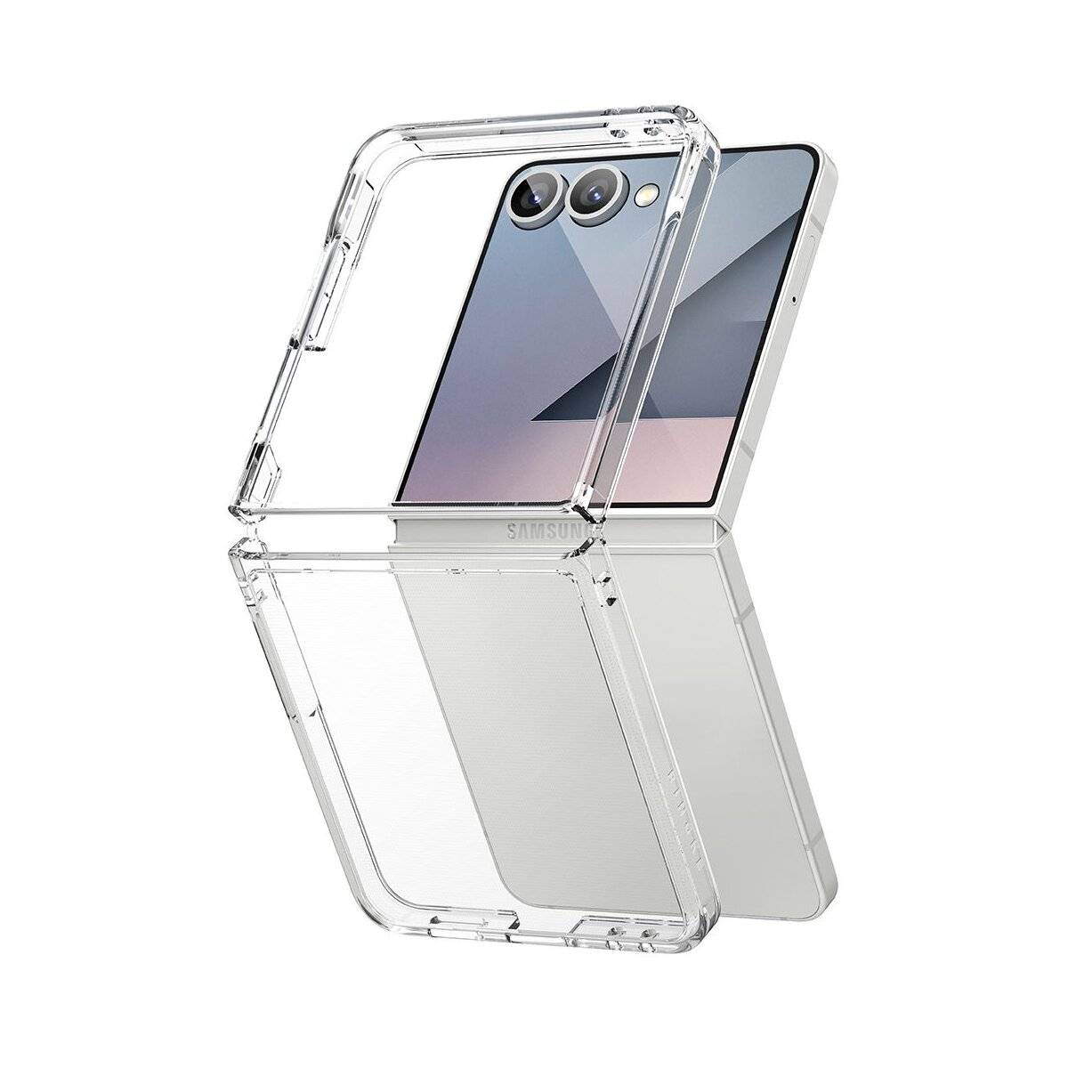 Ein durchsichtiges Kunststoffhandy-Etui wird vor einem eleganten Smartphone mit Dual-Kamera-Setup gezeigt, angewinkelt, um beide Gegenstände zu präsentieren.