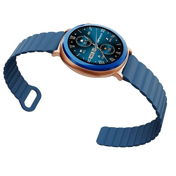 Eine blaue Smartwatch mit rundem Zifferblatt und rosévergoldetem Rand, die Uhrzeit, Wochentag, Datum und Stoppuhr-Funktionen auf einem blauen Zifferblatt anzeigt.