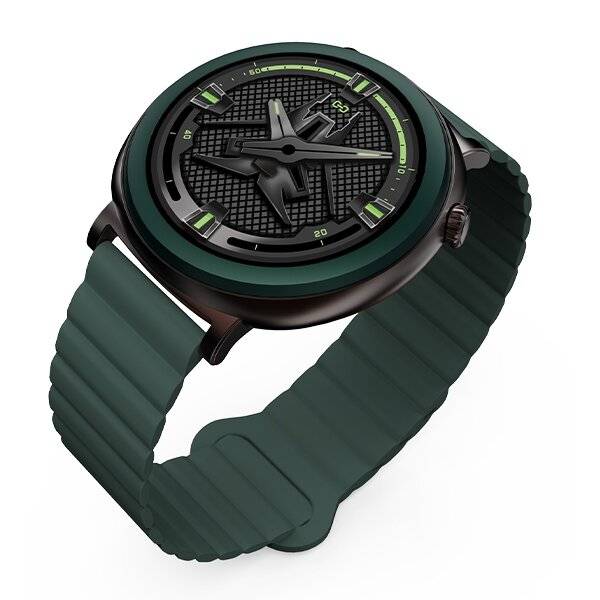 Eine moderne grüne Smartwatch mit schwarzem Zifferblatt, die ein minimalistisches Design mit strukturiertem Armband aufweist und angewinkelt ist, um das Zifferblatt zu zeigen.