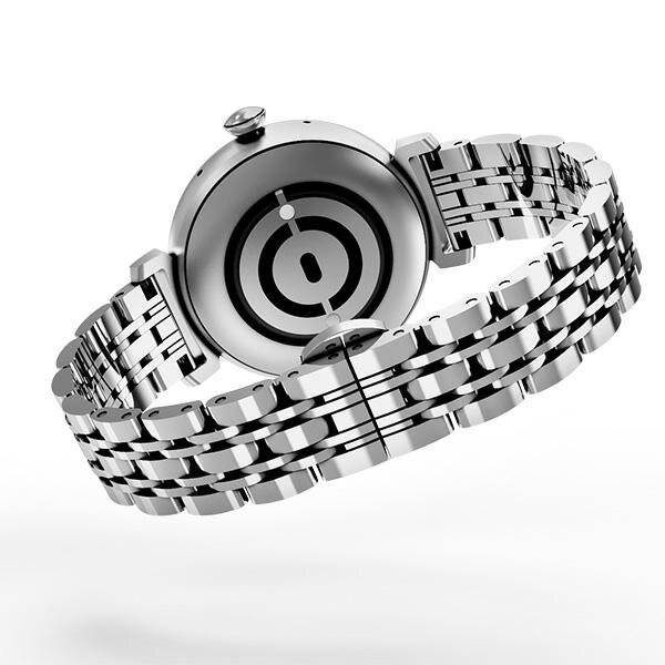 Eine moderne, elegante Armbanduhr mit Metallarmband wird präsentiert. Die Uhr hat ein einzigartiges Zifferblatt mit konzentrischen Kreisen ohne sichtbare Zahlen.