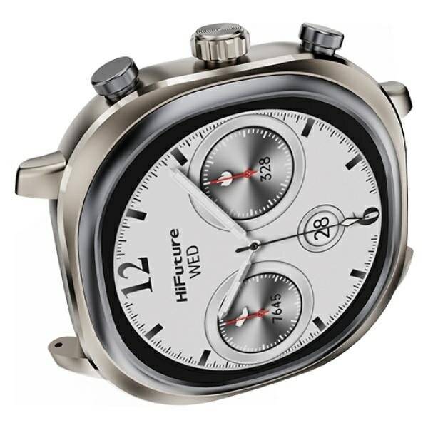 Eine silberne analoge Armbanduhr mit weißem Zifferblatt zeigt '12' oben, zwei Hilfszifferblätter und das Wort 'HiFuture' neben dem Tag und Datum.