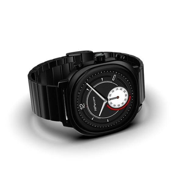 Eine schwarze Smartwatch mit schlankem, modernem Design, mit einem analog wirkenden Zifferblatt mit minimalistischen Markierungen und einem roten Akzent in der Hilfsfunktion.
