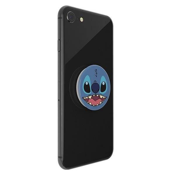 Ein schwarzes Smartphone mit einer blauen Cartoon-Figur-Hangerhalter, die ein breites Lächeln und große Augen hat.