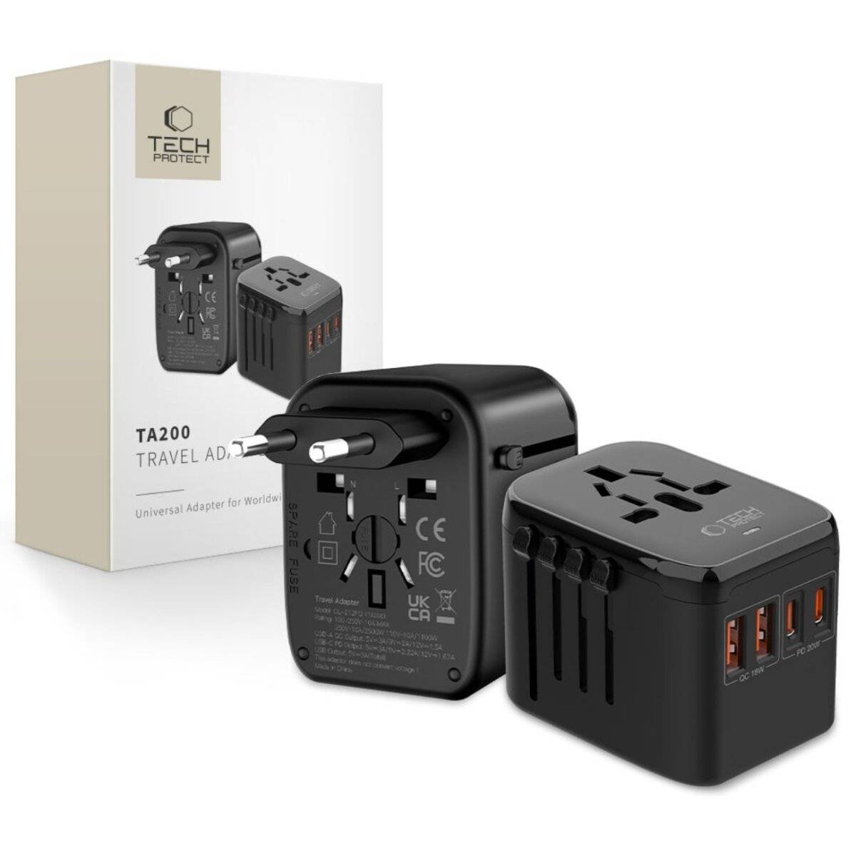 Tech-Protect TA200 EU / UK / US / AU-Adapter – Schwarz