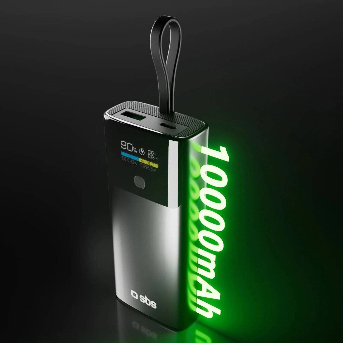 SBS 10000 mAh PD 20 W Powerbank LCD-Display integriertem USB-C-Kabel - Grau