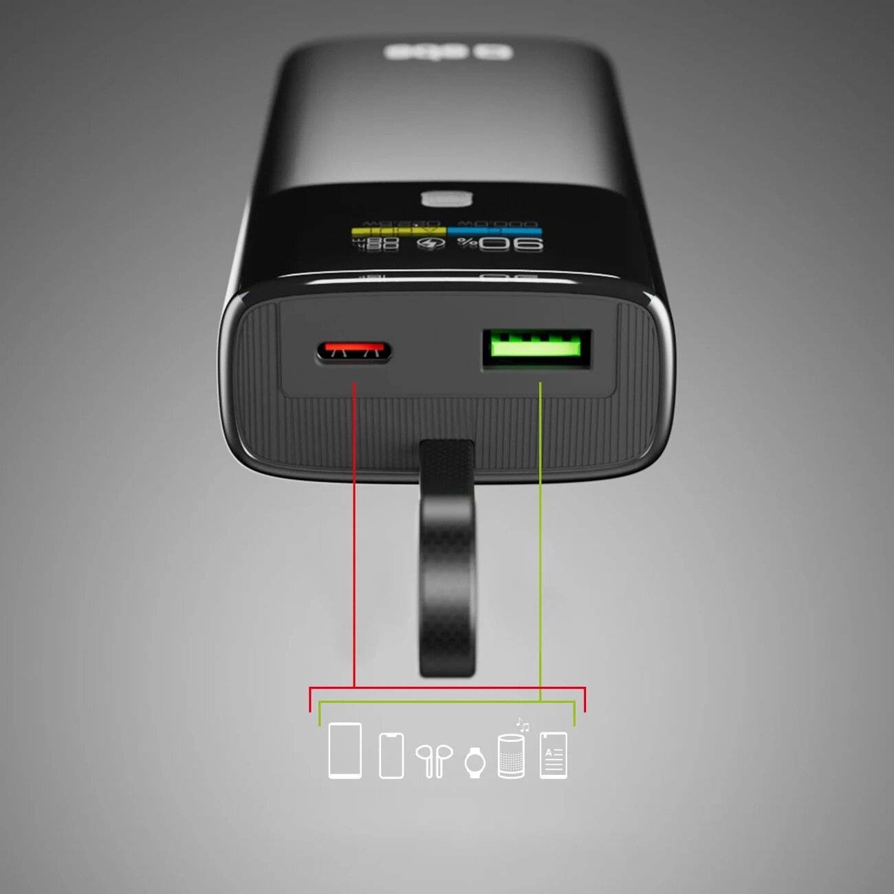 SBS 10000 mAh PD 20 W Powerbank LCD-Display integriertem USB-C-Kabel - Grau