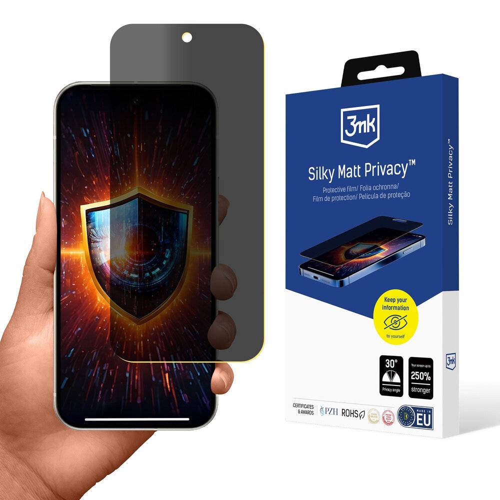 Eine Hand hält ein Smartphone mit einer Schildgrafik auf dem Bildschirm und einem Datenschutz-Displayschutz. Die Verpackungsbox trägt die Aufschrift „Silky Matt Privacy