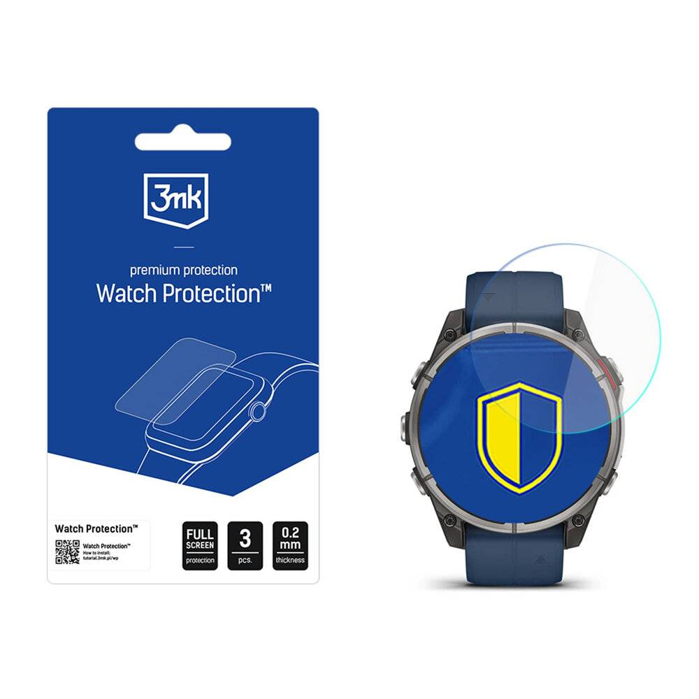 3mk premium protection Watch Protection' Verpackung neben einer Uhr mit blauem Armband, auf dem Bildschirm ein gelbes Schildsymbol angezeigt.