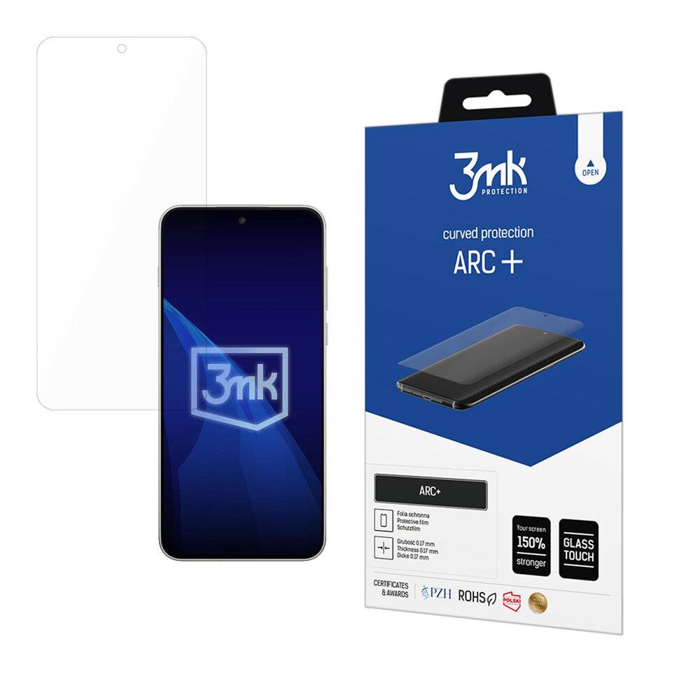 3mk Protection ARC+' Verpackung und ein Smartphone mit einer gebogenen Displayschutzfolie, die Kratzerbeständigkeit und Berührungsempfindlichkeit hervorhebt.