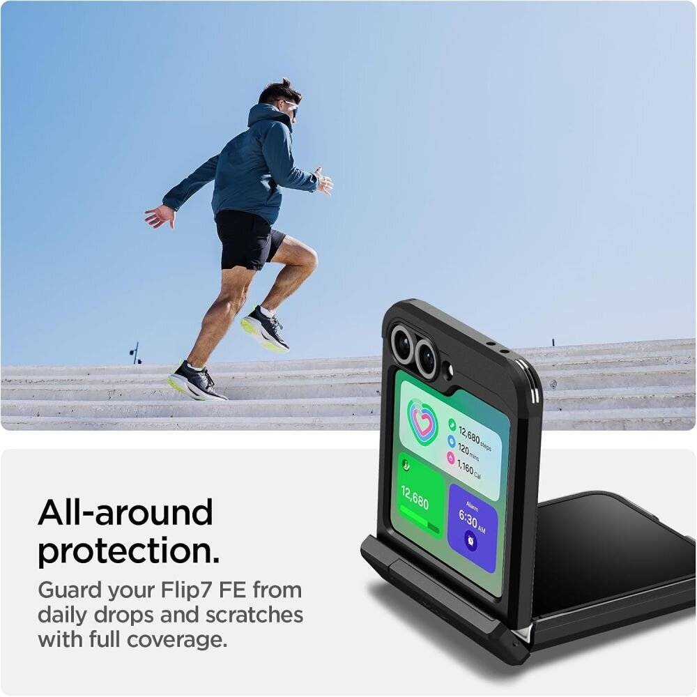 Eine Person läuft Treppen hinauf; ein Smartphone mit der Anzeige „12.689 Schritte