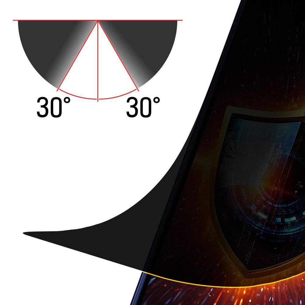 Ein schwarze Form mit zwei grauen Segmenten, von denen jedes einen 30°-Winkel bildet, zeigt eine Winkelmessung. Eine digitale Augengrafik ist in der Ecke sichtbar.