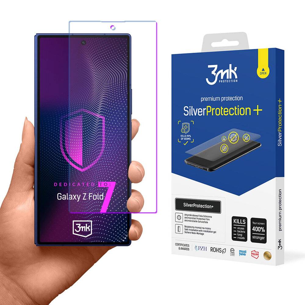 3mk SilverProtection+' Displayschutzfolie neben einer Hand, die ein 'Galaxy Z Fold' hält, mit einem hervorgehobenen Schild-Emblem auf dem Display.