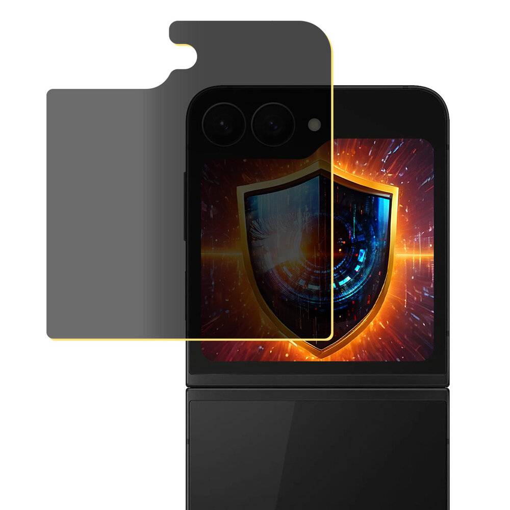 Faltbares Smartphone mit Dual-Kameras und Displayschutzfolie, das ein digitales Schildsymbol mit leuchtendem Schaltmuster auf dem Bildschirm anzeigt.