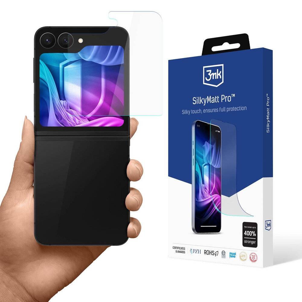 Eine Hand hält ein faltbares Smartphone mit Hülle, neben einer Schachtel mit dem Produktnamen „SilkyMatt Pro