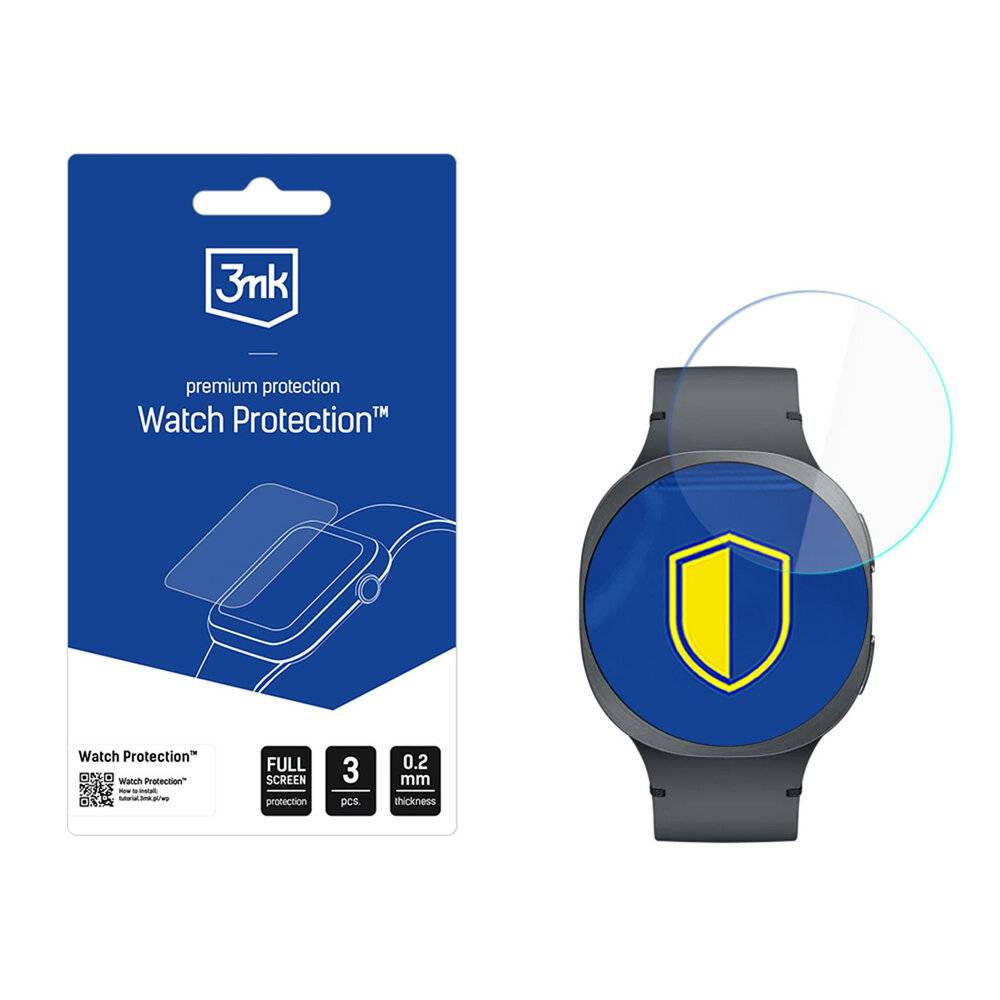3mk premium protection Watch Protection™' Verpackung neben einer Smartwatch mit einem Schildsymbol auf dem Display, das den Displayschutz anzeigt.