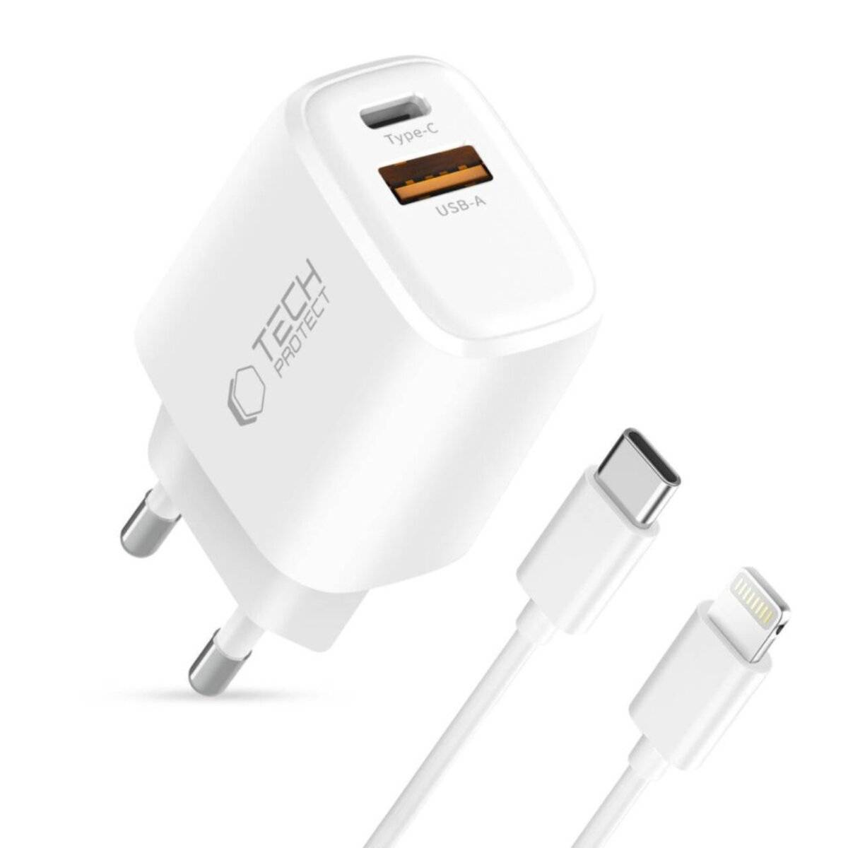 Tech-Protect NCA30 30W USB-A / USB-C Schnellladegerät mit USB-C / Kompatibel mit iPhone Kabel Weiß
