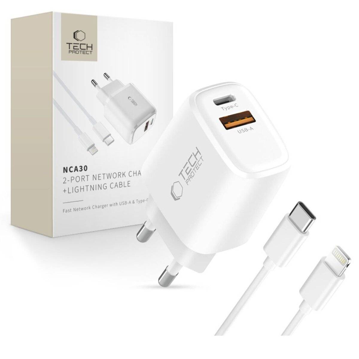 Tech-Protect NCA30 30W USB-A / USB-C Schnellladegerät mit USB-C / Kompatibel mit iPhone Kabel Weiß