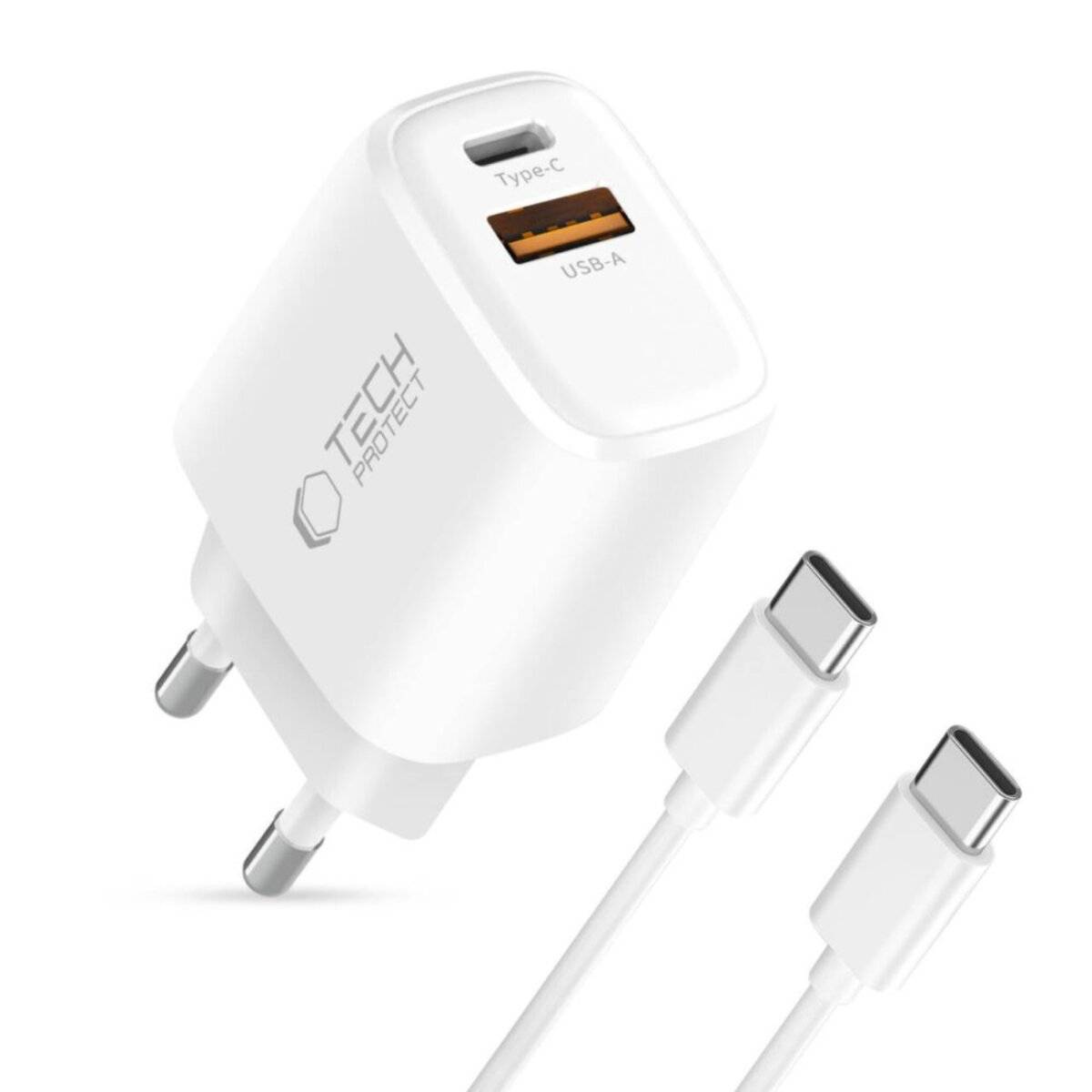 Tech-Protect NCA30 30W USB-A / USB-C Schnellladegerät mit USB-C / USB-C Kabel Weiß