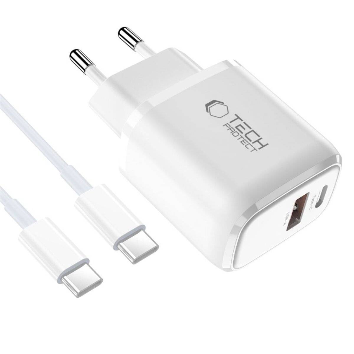 Tech-Protect NCA30 30W USB-A / USB-C Schnellladegerät mit USB-C / USB-C Kabel Weiß