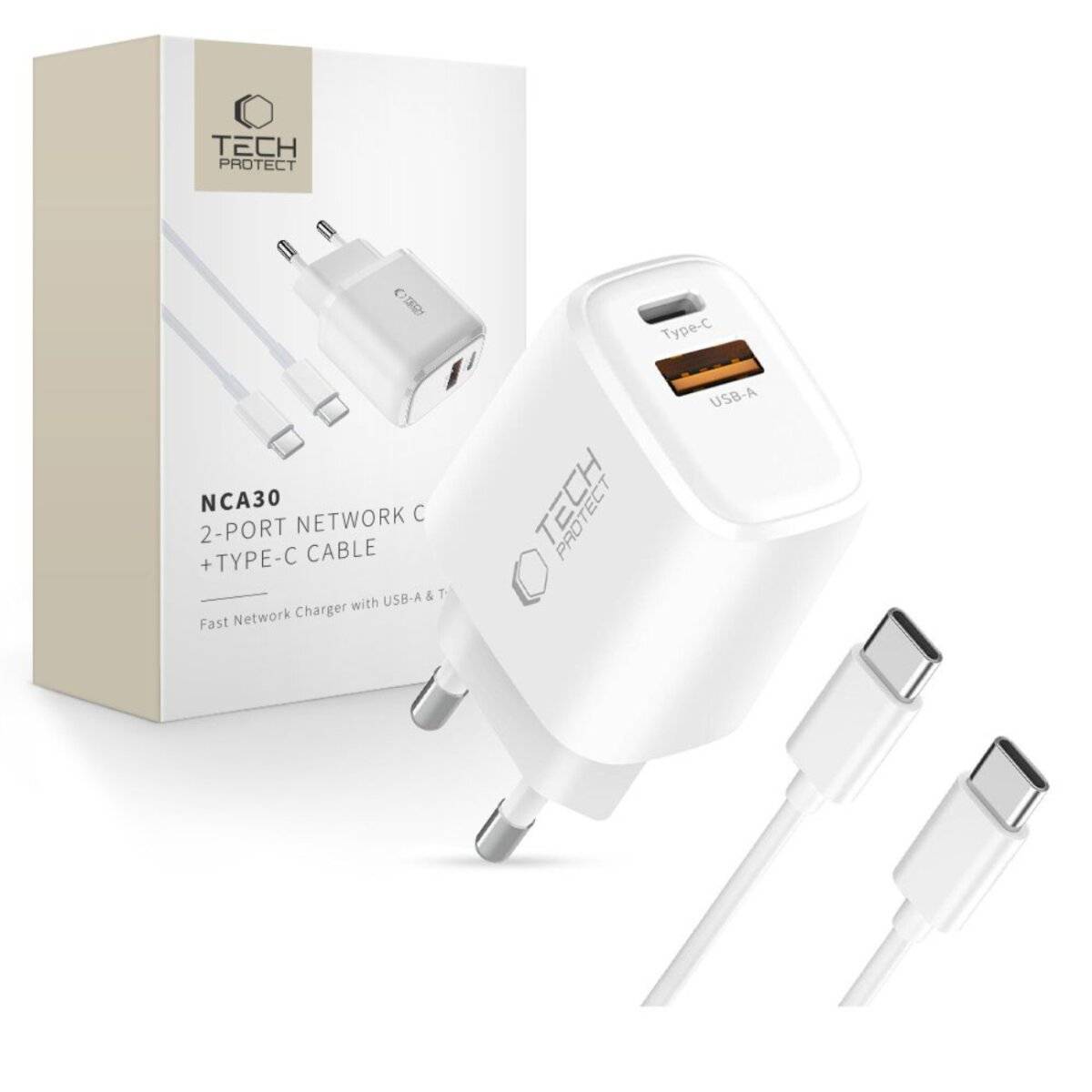Tech-Protect NCA30 30W USB-A / USB-C Schnellladegerät mit USB-C / USB-C Kabel Weiß