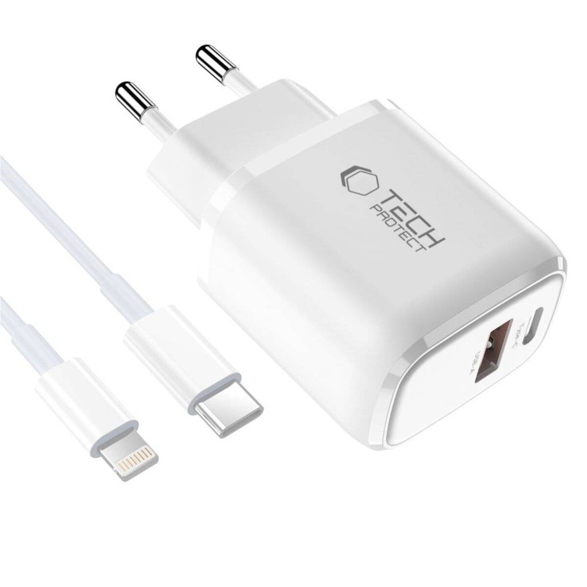 Tech-Protect NCA20 PD 20W QC3.0 USB-A / USB-C Wandladegerät + USB-C / Lightning Kabel 100 cm – Weiß