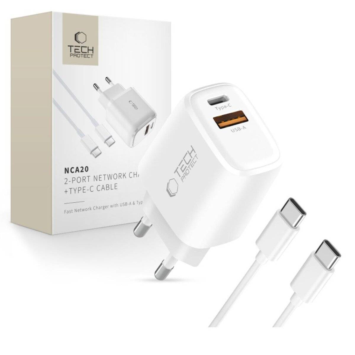 Tech-Protect NCA20 20W USB-A / USB-C Schnellladegerät mit USB-C / USB-C Kabel Weiß