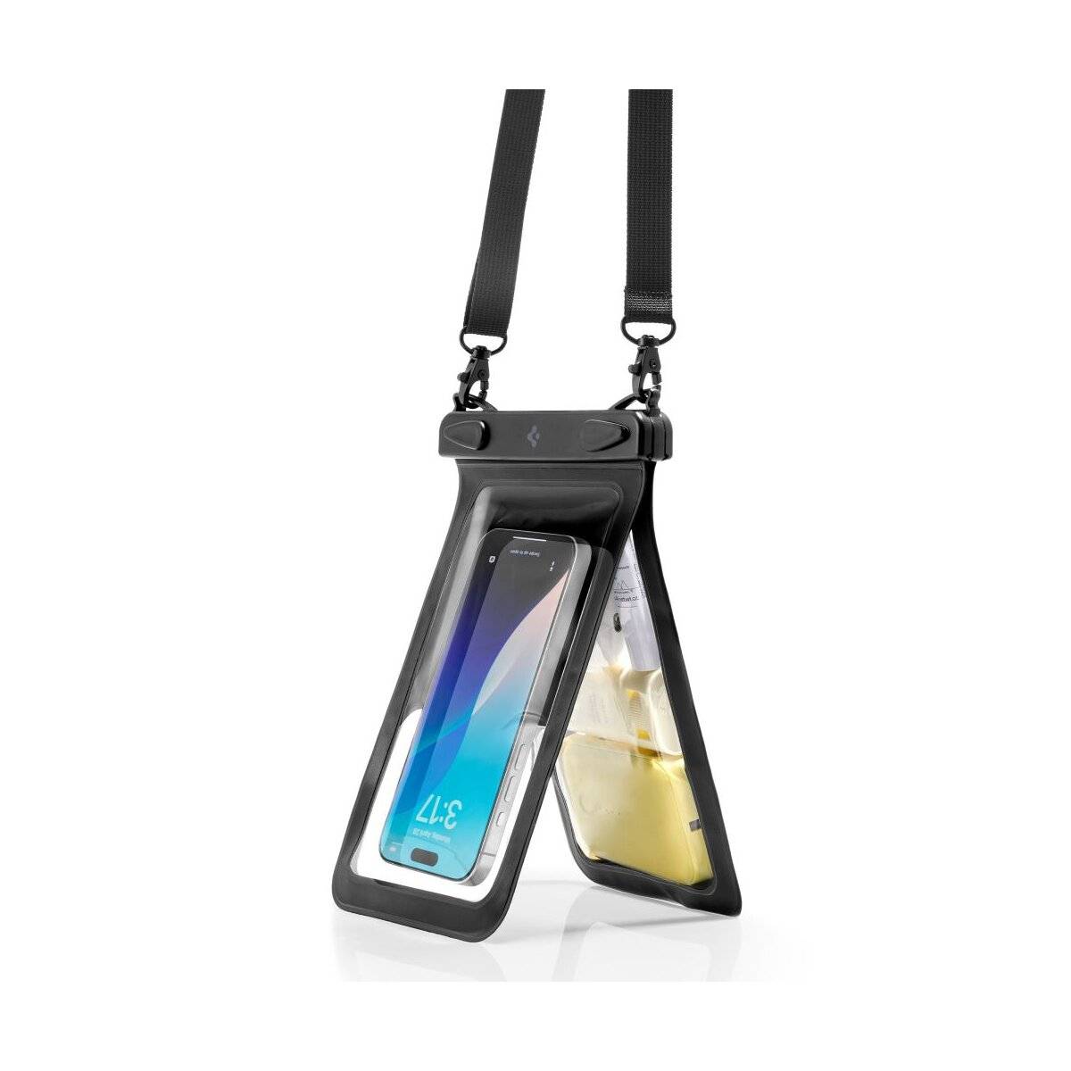 Schutzhülle für Telefon mit kreisförmiger Metallanbringung, kompatibel mit einem Ladesystem, gezeigt von vorne und von hinten.