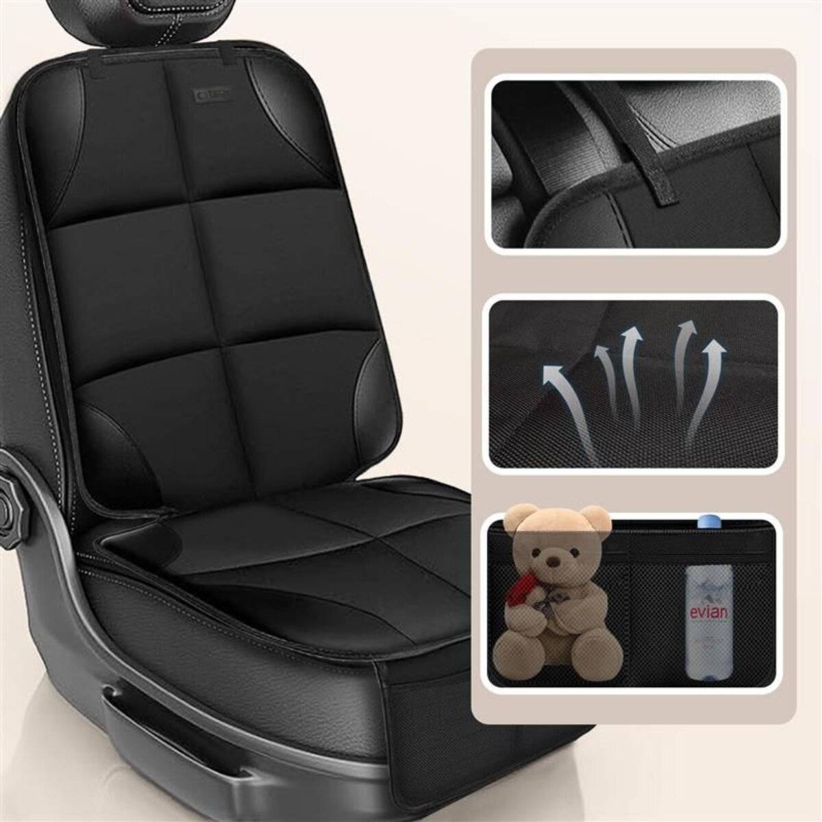 Schwarze Autositzbezug mit Nahaufnahmen, die einen sicheren Riemen, atmungsaktives Material mit Luftpfeilen und eine Aufbewahrungstasche zeigen, in der ein Teddybär und eine Wasserflasche aufbewahrt werden.