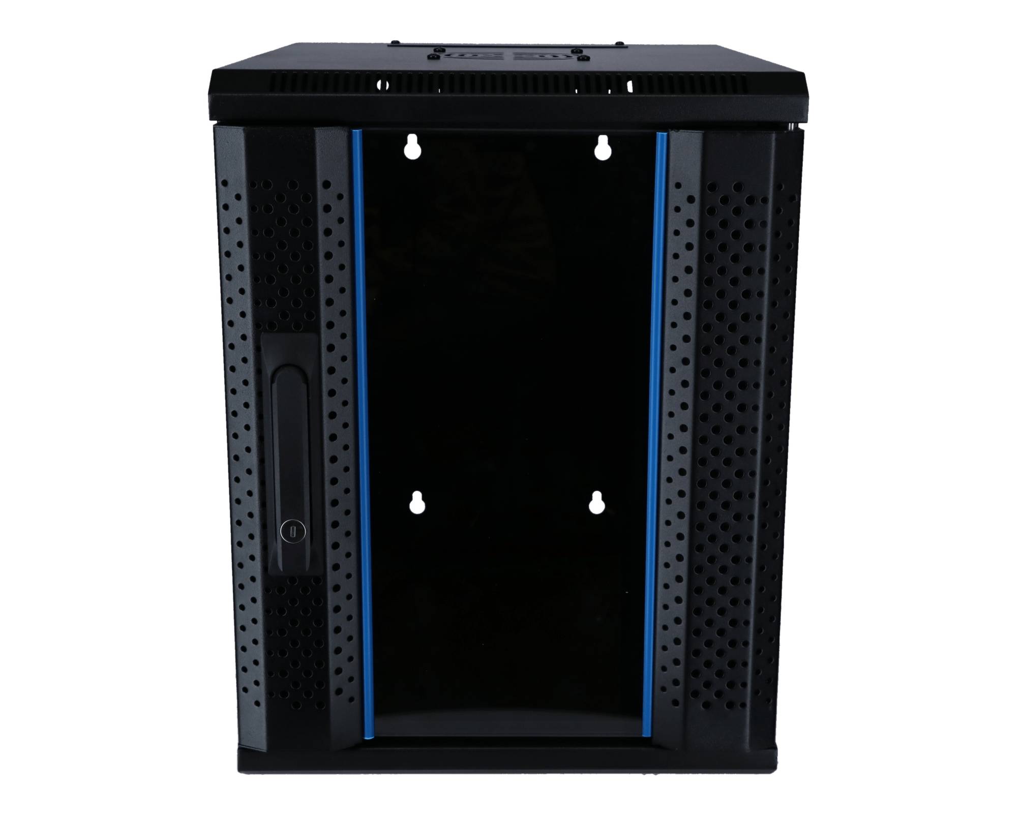 Ein schwarzer, wandmontierter Server-Rack-Schrank mit Glastür im vorderen Bereich, konstruiert für die Lagerung und Organisation von Netzwerkausrüstung.