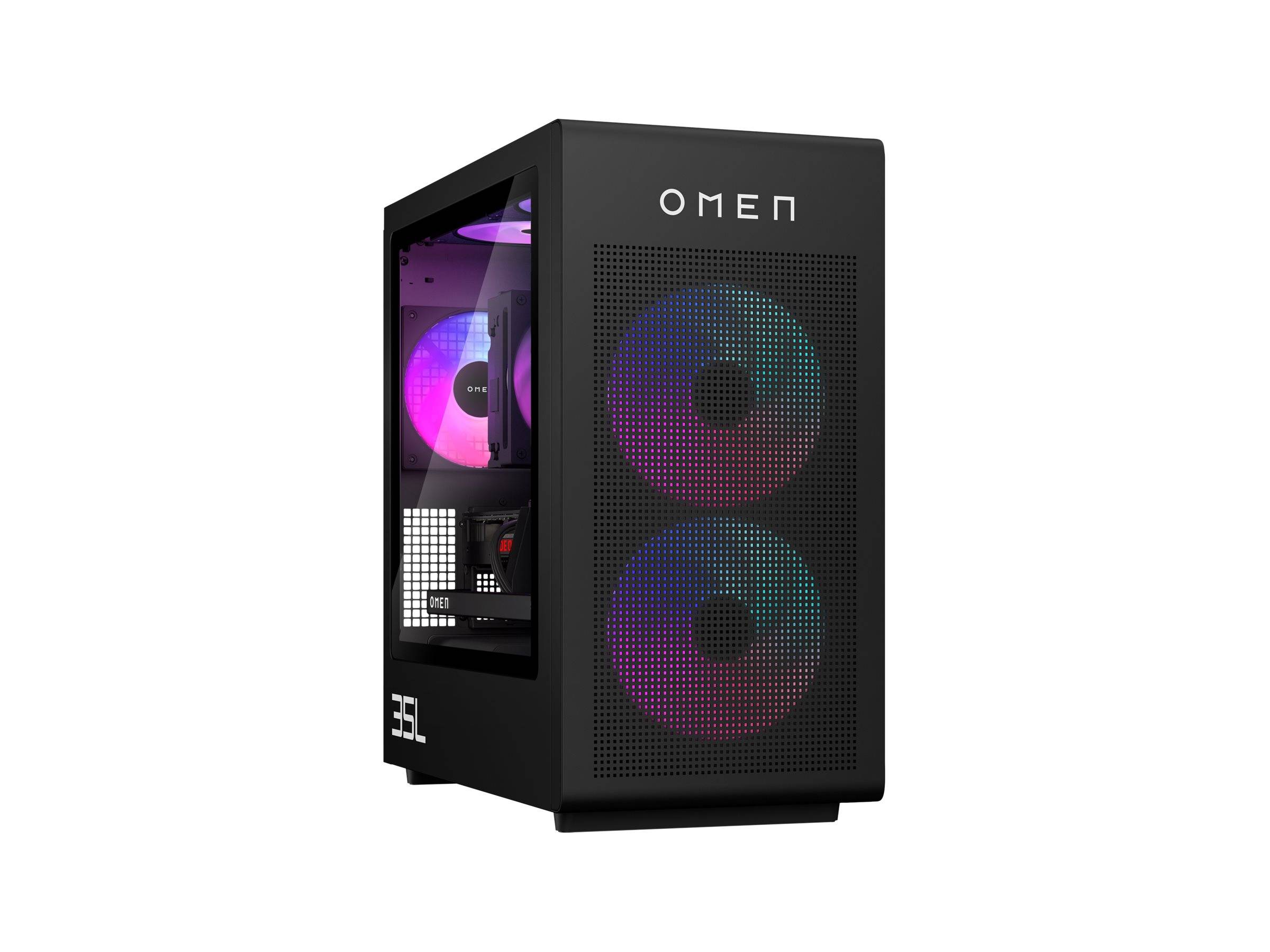 Ein Gaming-PC-Gehäuse mit zwei großen vorderen Lüftern, dem Markennamen „Omen